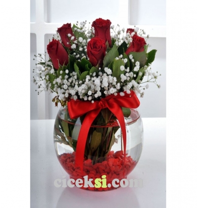 vazoda 12 kırmızı gül ve ayıcık Çiçeği & Ürünü Akvaryumda Anneme Kırmızı Gül  