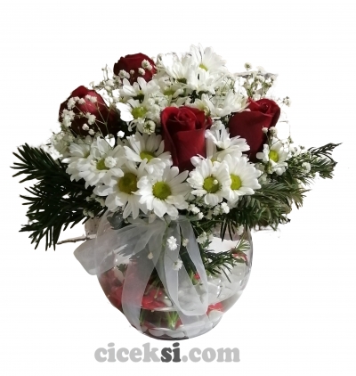 sevdiceğime buket  Çiçeği & Ürünü Cam Fanus Gül ve Papatya 