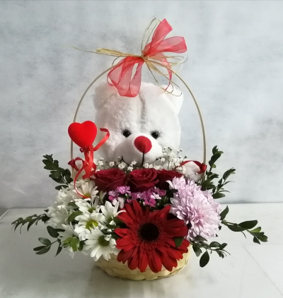 cam vazoda 7 gül Çiçeği & Ürünü Sevimli Ayılı Sepet Aranjman 